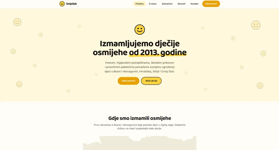 Sajt humanitarne organizacije Smješak — pomoć socijalno ugroženoj djeci.